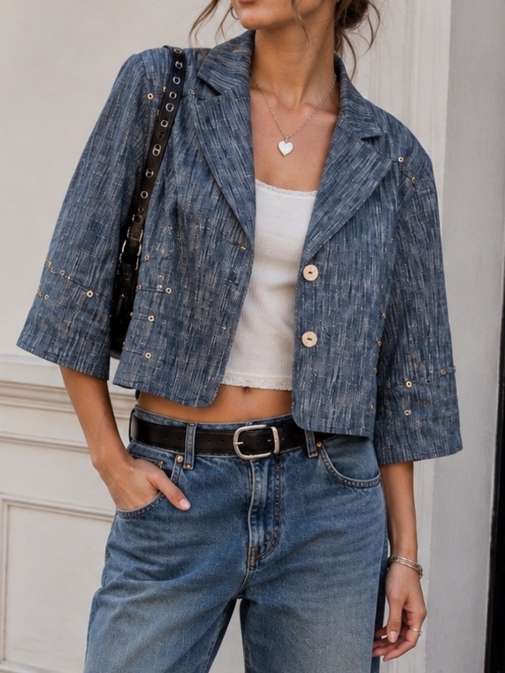 Blue Cropped Grommet Blazer Jacket Artsy Y2K 3/4 Sleeve L